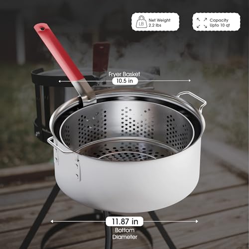 Gas One Aluminum Cooking Pot Deep Fryer with Basket – 10QT Aluminum Fry Pot with Easy Grip Handle – Durable Food Grade Outdoor Fryer with Perforated Strainer Basket – Ideal for Seafood, Chicken