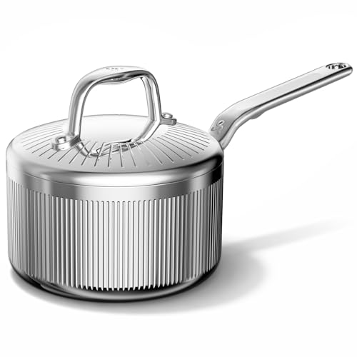 GLOBEHOME 2 Quart Saucepan with Lid, 5-Ply Stainless Steel Sauce Pan, Induction Compatible & Oven Broiler Safe to 800°F, Heavy Duty Sauce Pot for Even Heating, Dishwasher Safe