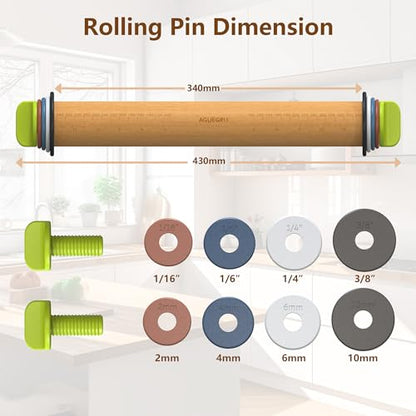 Aguegro Rolling Pin with Adjustable Thickness Ring, Dough Thickness for Baking, Fondant, Pizza, Crust, Cookies, Pastry, 13.6'' Wooden Rolling Pin with 4 Multi-Color Thickness Rings
