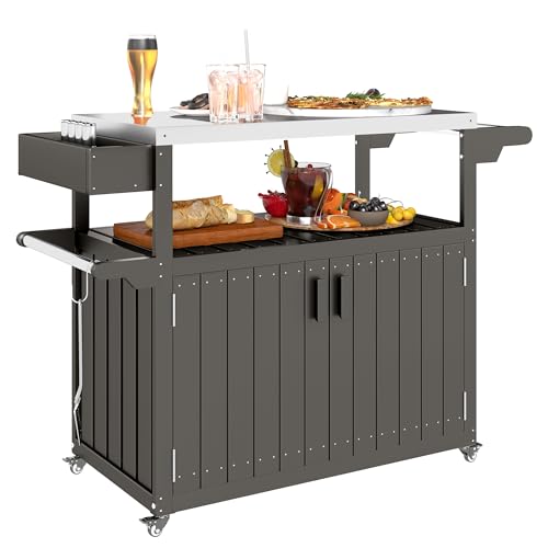 Outsunny Outdoor Bar Cart with Storage Cabinet, Stainless Steel Top Kitchen Island on Wheels, HDPE Outdoor Bar Table, Movable Patio Beverage Food Prep Table for BBQ Picnic, Dark Gray