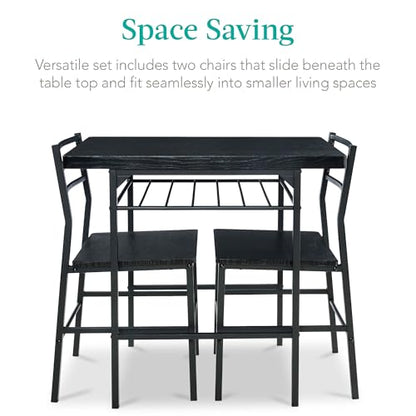 Best Choice Products 3-Piece Modern Dining Set, Space Saving Dinette for Kitchen, Dining Room, Small Space w/Steel Frame, Built-in Storage Rack - Black/Black
