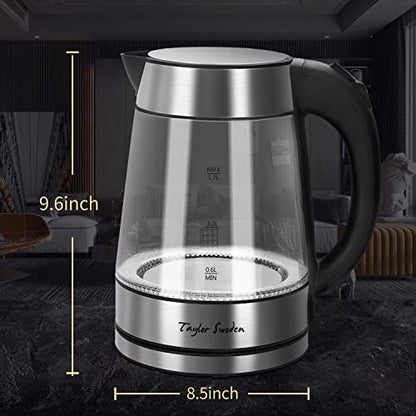 Taylor Swoden 1.7L Electric Tea Kettle, Glass Hot Water Boiler for Tea