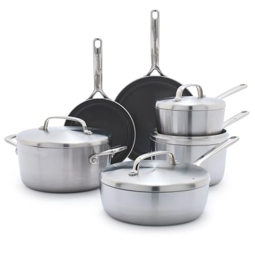 GreenPan GP5 Stainless Steel 5-Ply Healthy Ceramic Nonstick 13 Piece Cookware Pots & Pans Set, Frying Pans, Sauté, Saucepans, Stock Pot, Scratch Resistant, Induction,Dishwasher & Oven Safe, PFAS-Free