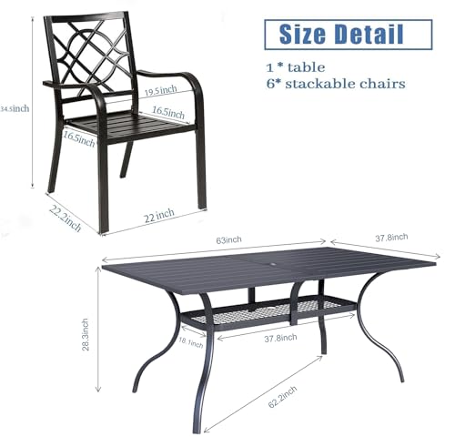 Omelaza 7 Pieces Patio Metal Furniture Outdoor Dining Set with 6 Stackable Bistro Chairs, and 60'' x 37'' Rectangle Table with Umbrella Hole (Black)