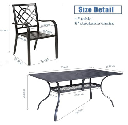 Omelaza 7 Pieces Patio Metal Furniture Outdoor Dining Set with 6 Stackable Bistro Chairs, and 60'' x 37'' Rectangle Table with Umbrella Hole (Black)