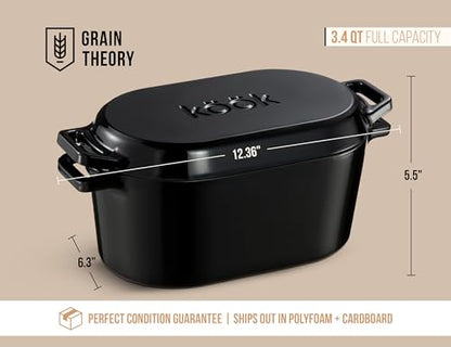 KooK Dutch Oven, for Bread Baking, Sourdough Loaf Pan, with Lid, Dual Handles, Enameled Cast Iron, includes Lid Lever, Dishwasher Safe, Oven safe 500F, 3.4 Qt, Black