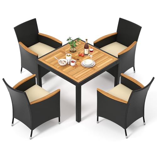 Tangkula 5 Pieces Rattan Outdoor Dining Set for 4, Outdoor Acacia Wood Table Set with 4 Cushioned Wicker Chairs, Umbrella Hole, Patio Dining Furniture Set for Deck Pool Backyard