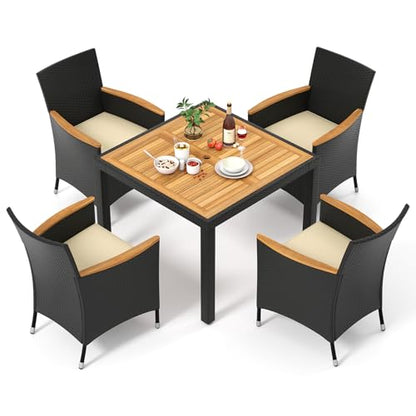 Tangkula 5 Pieces Rattan Outdoor Dining Set for 4, Outdoor Acacia Wood Table Set with 4 Cushioned Wicker Chairs, Umbrella Hole, Patio Dining Furniture Set for Deck Pool Backyard