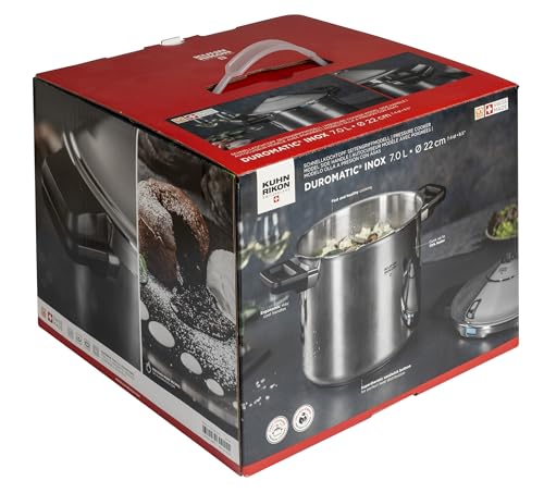 Kuhn Rikon DUROMATIC® 7.0L Stovetop Pressure Cooker – 22cm, Swiss Made – 18/10 Stainless Steel, Energy Efficient, Safe Locking Lid, Works on Induction & All Stovetops, Includes Trivet & Cookbook