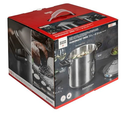 Kuhn Rikon DUROMATIC® 7.0L Stovetop Pressure Cooker – 22cm, Swiss Made – 18/10 Stainless Steel, Energy Efficient, Safe Locking Lid, Works on Induction & All Stovetops, Includes Trivet & Cookbook