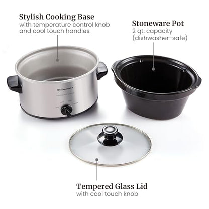 Elite Gourmet MST-275XS Electric Oval Slow Cooker, Adjustable Temp, Entrees, Sauces, Stews & Dips, Dishwasher Safe Glass Lid & Crock (2 Quart, Stainless Steel)