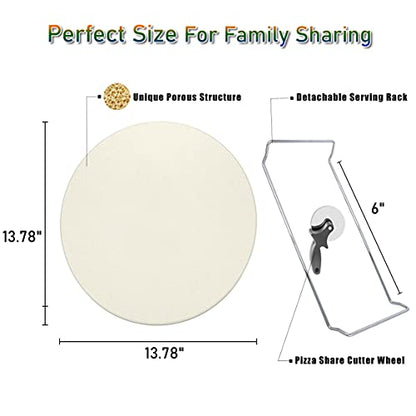 13 Inch Round Pizza Stones for Grill and Oven, Cordierite Baking Stones Set with Serving Rack & Cutter, Durable and Safe Cooking Stone Pan for Bread