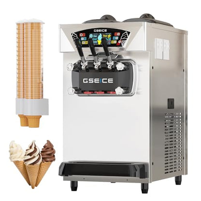 Commercial Ice Cream Maker, 6.8-8.4 Gal/H, 2 * 8L Hopper 110V Countertop Soft Serve Ice Cream Machine, 3 Flavors Puffing Alarm Pre-Cooling For Shops Cafes Dessert Stores, Auto Clean & Touch Screen