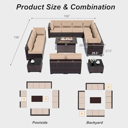 ALAULM Patio Furniture Set with Fire Pit Table 55000 BTU, Outdoor Sectional with Wide Seat and Thick Cushion, 15 Piece Wicker Rattan Conversation Set with Coffee Table for Garden, Deck, Sand