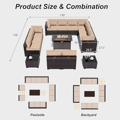 ALAULM Patio Furniture Set with Fire Pit Table 55000 BTU, Outdoor Sectional with Wide Seat and Thick Cushion, 15 Piece Wicker Rattan Conversation Set with Coffee Table for Garden, Deck, Sand