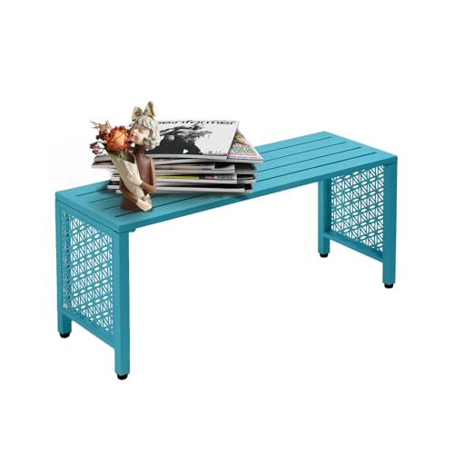 VINGLI 40in Outdoor Metal Bench, All-Weathe Backless Patio Bench with Slatted Seat＆Floral Side Panels, Rust-Resistant Garden Bench, Weatherproof Outdoor Seating for Porch Entryway Backyard (Blue)