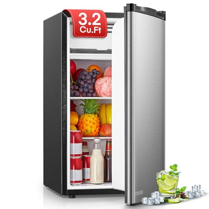FOHERE 3.2 Cu. Ft Small Refrigerator with Freezer, Compact Mini Fridge with 7 Level Temperature Control, Removable Glass Shelves for Bedroom, Office, Dorm, Stainless Steel, BC-90U-E