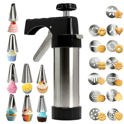 Stainless Steel Cookies Press,Cookie Press Gun Kit with 13 Cookie Discs and 8 Piping Tips for DIY Various Cookies Maker