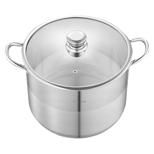 VEVOR Stainless Steel Stock Pot, 16QT Stainless Steel Stockpot with Glass Lid, PFOA-Free, PFAS-Free, Compatible with Gas Stoves, Induction Cooktops, Electric Stoves, for Soups, Stews, and Pasta