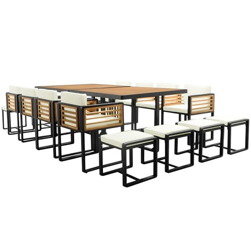 Merax 18 Pieces Outdoor Dining Set for 16 People, Acacia Wood Patio Furniture Sets with 2 Square Tables, 8 Cushioned Chairs and 8 Ottomans for Backyard, Garden, Lawn, Poolside, Beige