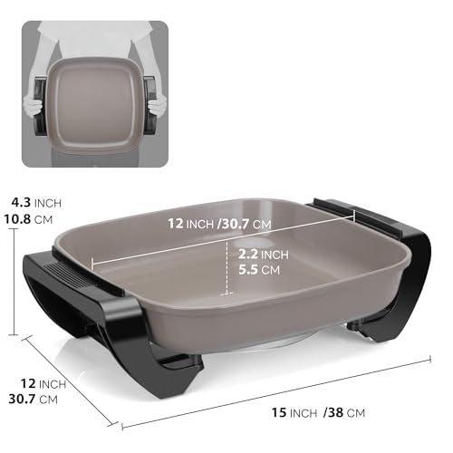 FineMade 12-inch Family Size Electric Skillet with Lid, Ceramic Skillet Electric, Square Skillet, Non Stick Electric Skillet Griddle Pan, PFAS-Free Temperature Control, 1500W, 6 QT, Gray