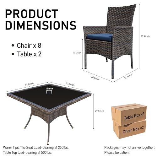 ASJMR 10 Pieces Dining Sets for 8 with Rattan Dining Set Chairs x8 and Square Table Glass Topx2 with Umbrella Cutout, Outdoor and Indoor Set-Navy