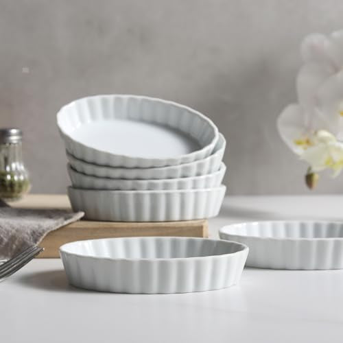 SumitlEyao 4-Piece Porcelain Baking Dish Set - 4 OZ 5.2 Inch Small Ramekins Pie Pans, Oven Safe Ramekins for Quiche, Tart, Dessert, Creme Brulee, Au Gratin | Stackable, Dishwasher Safe