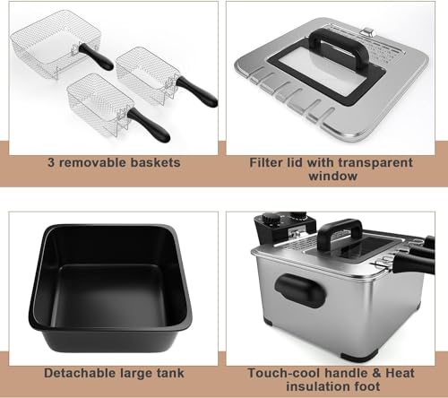 Deep Fryers with 3 Baskets - Simoe 5.3QT/21 Cup Electric Large Fryer Countertop, 1700W Stainless Steel Deep Oil Fryer with Lid, Adjustable Temperature & Timer & View Window, Professional Grade