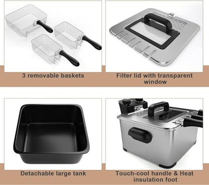 Deep Fryers with 3 Baskets - Simoe 5.3QT/21 Cup Electric Large Fryer Countertop, 1700W Stainless Steel Deep Oil Fryer with Lid, Adjustable Temperature & Timer & View Window, Professional Grade