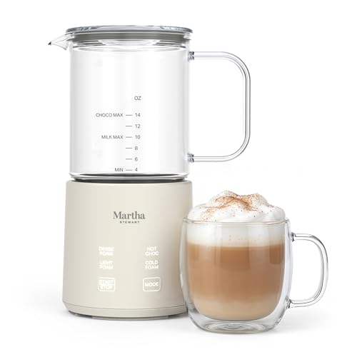 Martha Stewart Milk Frother and Steamer, 10oz/300ml Glass Cup, 4 Presets (Cold Foam, Light, Dense & Hot Chocolate), Ready in 90 Seconds, Cordless Pouring, One-Touch for Hot and Cold Milk, Linen Cream