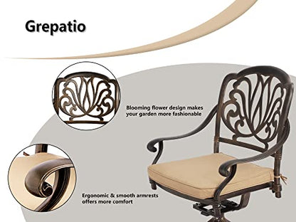 Grepatio 5 Piece Outdoor Dining Set Cast Aluminum Patio Dining Set Table and Chairs Outside Furniture 4 Swivel Chairs with Cushion and 1 Umbrella Hole Round Dining Table for Lawn Garden Patio (Khaki)
