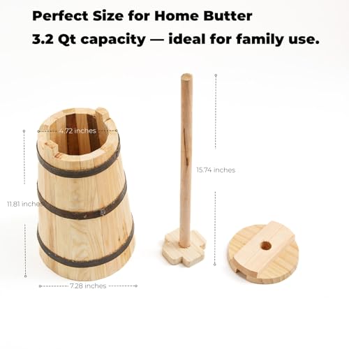 Butter Churner Old Fashioned Wooden-Style, 30 cm Tabletop Manual Dash Churn, 3 L / 3.2 Qt Capacity, Removable ~40 cm Plunger, Farmhouse Butter Maker for Home Kitchen, Hand-Operated Easy-Clean