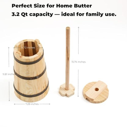 Butter Churner Old Fashioned Wooden-Style, 30 cm Tabletop Manual Dash Churn, 3 L / 3.2 Qt Capacity, Removable ~40 cm Plunger, Farmhouse Butter Maker for Home Kitchen, Hand-Operated Easy-Clean