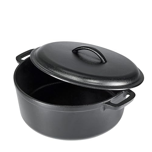 Amazon Basics Pre-Seasoned Cast Iron Dutch Oven Pot with Lid and Dual Handles, Oven Safe, Heavy-Duty, 7-Quart, Round, Black