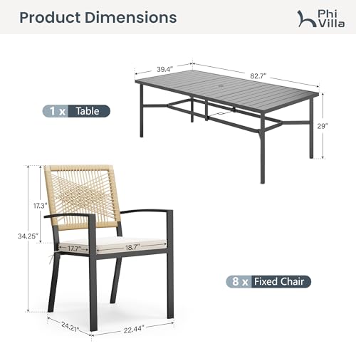 PHI VILLA 9pc Patio Dining Set, 82" Rectangular Table, Wicker Chairs
