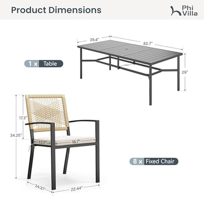 PHI VILLA 9pc Patio Dining Set, 82" Rectangular Table, Wicker Chairs