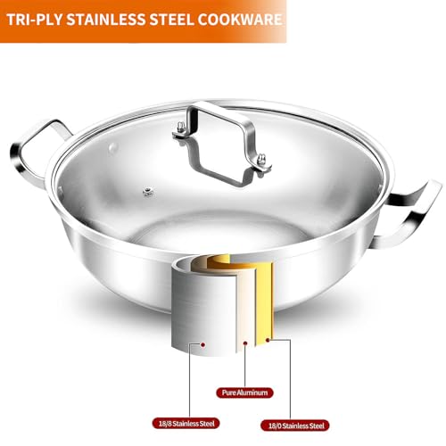 Delarlo Tri-Ply Stainless Steel 13 inch Everyday Pan with Glass Lid, Deep Saute Pan, High Side Kitchen Cooking Pot, Chef's Pans, Induction Deep Frying Pan, 5QT Stock Pot, Up to 550℉