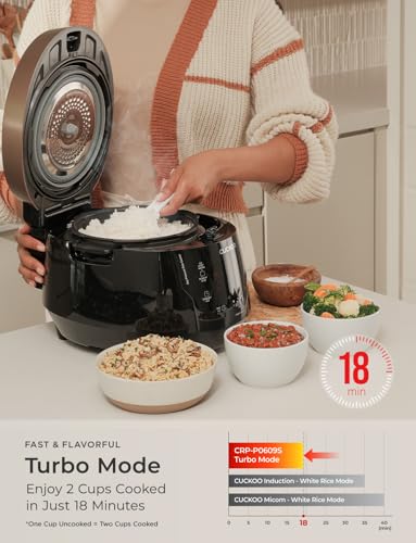 CUCKOO High Pressure Rice Cooker 6-Cup Uncooked / 12-Cup Cooked with Nonstick Inner Pot, Versatile Rice Maker with 12 Menu Options and Steam Plate, Fuzzy Logic Tech, Voice Guide, Black (CRP-P0609S)
