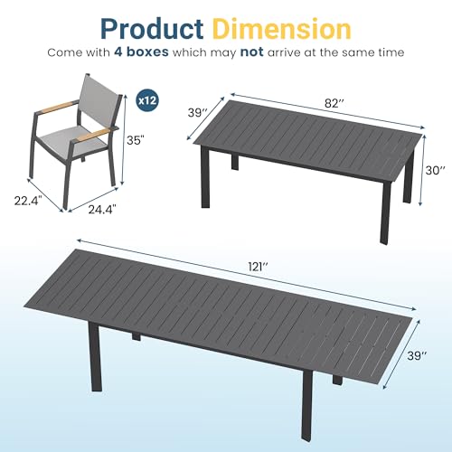 Outdoor Dining Set, Patio Furniture Set with 121" Extendable Dining Table, Outdoor Furniture Set for 4–12 People, All-Weather Aluminum Patio Table and Chairs set for Backyard, Porch, Garden, Grey