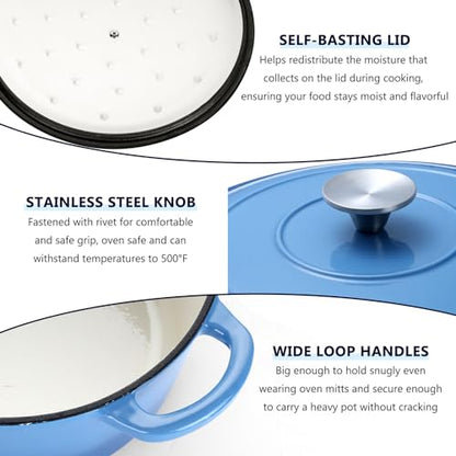 E-far 6 Quart Enameled Cast Iron Dutch Oven with Lid, Round Dutch Oven Pot Nonstick Cookware for Braising, Stews, Roasting, Bread Baking, Cooking, Heavy Duty, Induction & Oven Safe - Blue