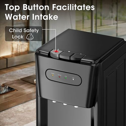 Tehanld Bottom Loading Water Cooler Dispenser for 3 or 5 Gallon Bottles - Water Dispenser with Hot, Room & Cold Spouts, LED Display with Empty Bottle Alert, Child Safety Lock, Space Black
