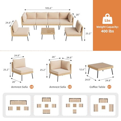 Aoxun 7-Piece Patio Furniture Set, Wicker Outdoor Furniture with Water Resistant Thick Cushions, Patio Conversation Set Outdoor Sectional Sofa with Coffee Table for Backyard Poolside, Beige
