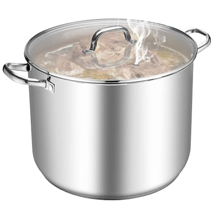 TeamFar Stainless Steel Stock Pot, 24QT Large Stockpot Tri-ply Bottom Cooking Soup Pot with Glass Lid, for Induction Gas Glass Stovetops, Non Toxic & Heavy Duty, Large Size & Easy Clean