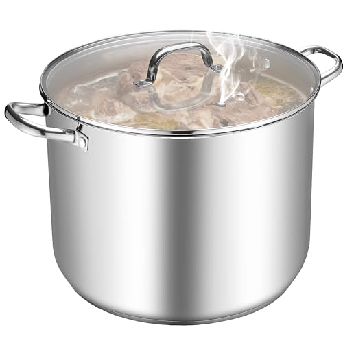 TeamFar Stainless Steel Stock Pot, 24QT Large Stockpot Tri-ply Bottom Cooking Soup Pot with Glass Lid, for Induction Gas Glass Stovetops, Non Toxic & Heavy Duty, Large Size & Easy Clean