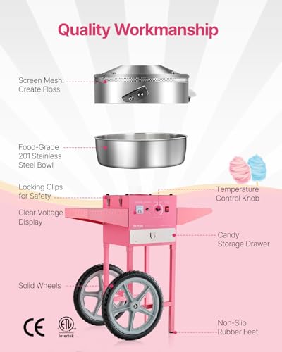 VEVOR Electric Cotton Candy Machine with Cart, 1000W Commercial Candy Floss Maker with 20.5 in Stainless Steel Bowl, Sugar Scoop, and Drawer, Easy to Use, for Home, Kids Birthday, Family Party, Pink