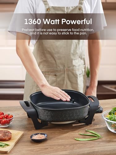 FOHERE 12 Inch Deep Non Stick Electric Skillet, Electric Frying Pan with Adjustable Temperature Control, Heat Resistant Handles and Non-stick Coating Easy to Clean, Quick Even Heating, 1360W, Black