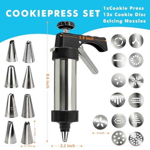 Stainless Steel Cookies Press,Cookie Press Gun Kit with 13 Cookie Discs and 8 Piping Tips for DIY Various Cookies Maker