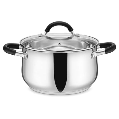 E-far 5Qt Stainless Steel Pot, Stock Pot with Glass Lid for Cooking Pasta Soup Sauce, Tri-Ply Induction Thick Base & Cool-Touch Handles, All Stoves & Dishwasher Safe