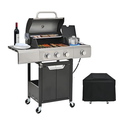 Endark 3-burner Propane Grill with a Side Burner and Grill Cover, 40,500 BTU, Stainless Steel BBQ Grill with Thermometer,Wheels, Enameled Cast Iron Grate Gas Grill, Perfect for Patio,Garden Cooking
