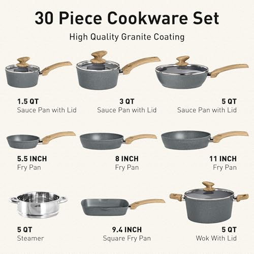 DishDelight Induction Pots and Pans Set Non Stick, 30 Piece Nonstick Kitchen Cookware Sets, Nonstick Granite Cooking Set Induction Pots and Pans, Grey